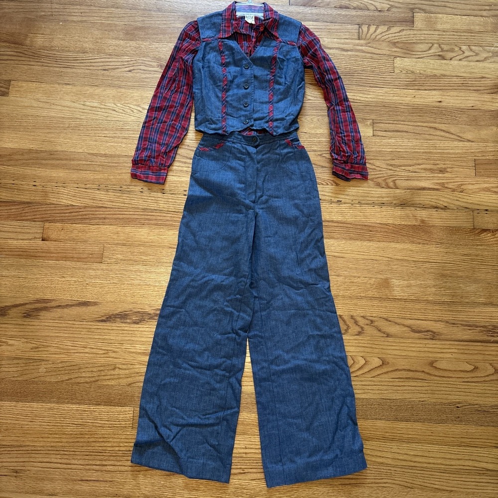Vintage 70s Denim and Americana Patchwork Vest and Flared Pants Men's Suit Set‎